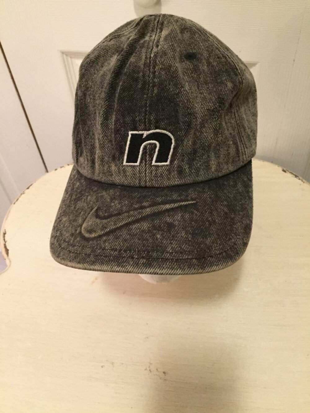 Vintage 90's Nike N 3D Swoosh Acid Washed Black Denim Hat Snapback Cap Little N